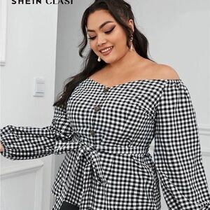 SHEIN Black & White Gingham Off-Shoulder Button Tie-Waist Top